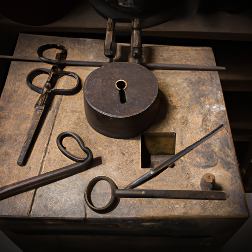 3. תמונה של סדנת מנעולנות מהמאה ה-19 עם כלים ומנעולים שונים בתהליך.