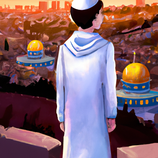 1. נוף פנורמי של ירושלים עם נער בר המצווה עומד בחזית, חבוש בטלית וכיפה.