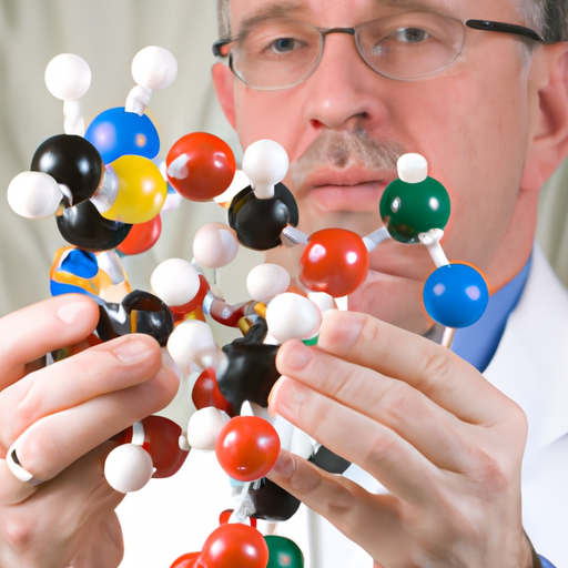 1. An image showing a medical scientist examining a molecular model, representing the intricate work involved in rare disease research.