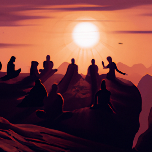 A group of individuals meditating at the peak of Mount Sinai, against the backdrop of a serene sunrise.
